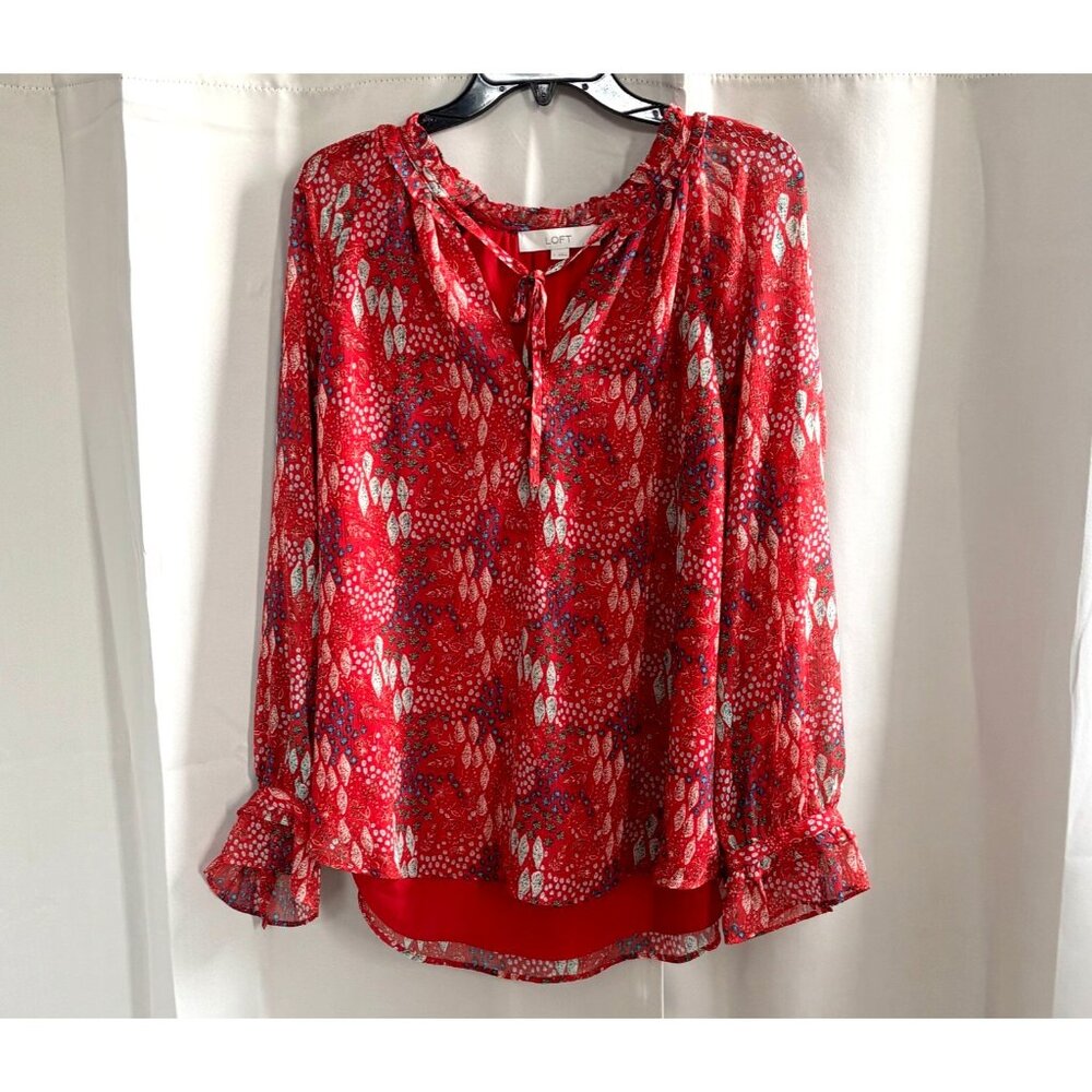 Loft Women Top Large Floral Chiffon Sheer Ruffle Dark Romantic Career 18258x